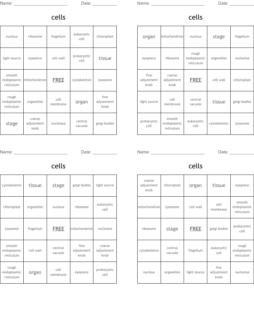 cells Bingo Cards