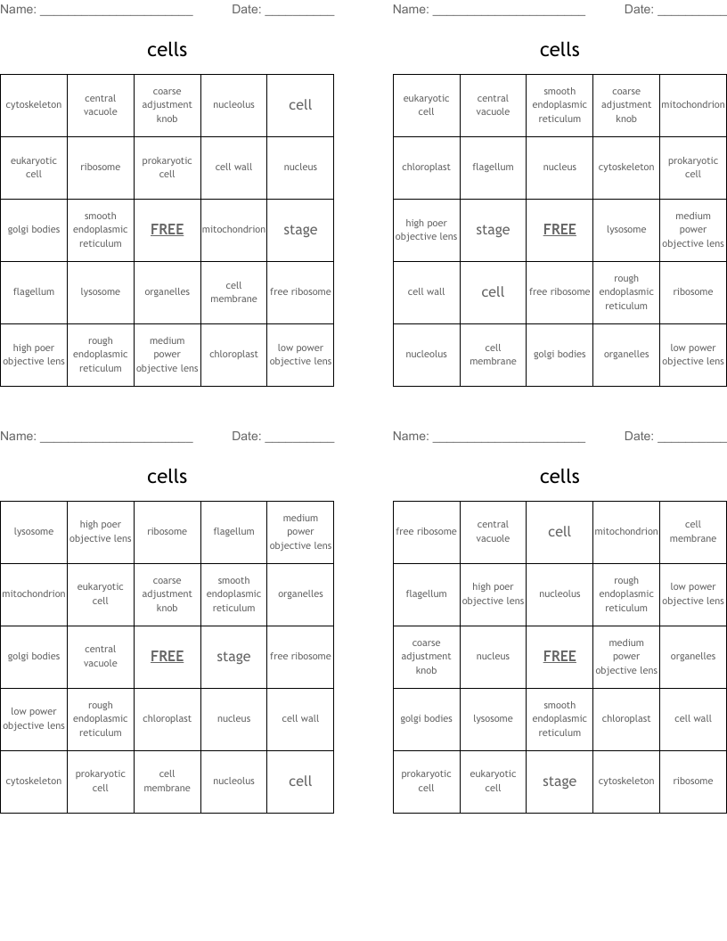 cells Bingo Cards