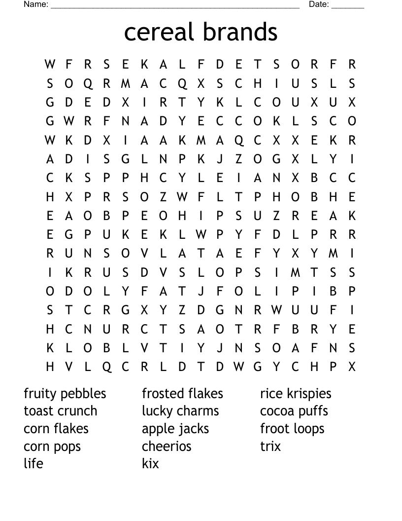 cereal brands Word Search