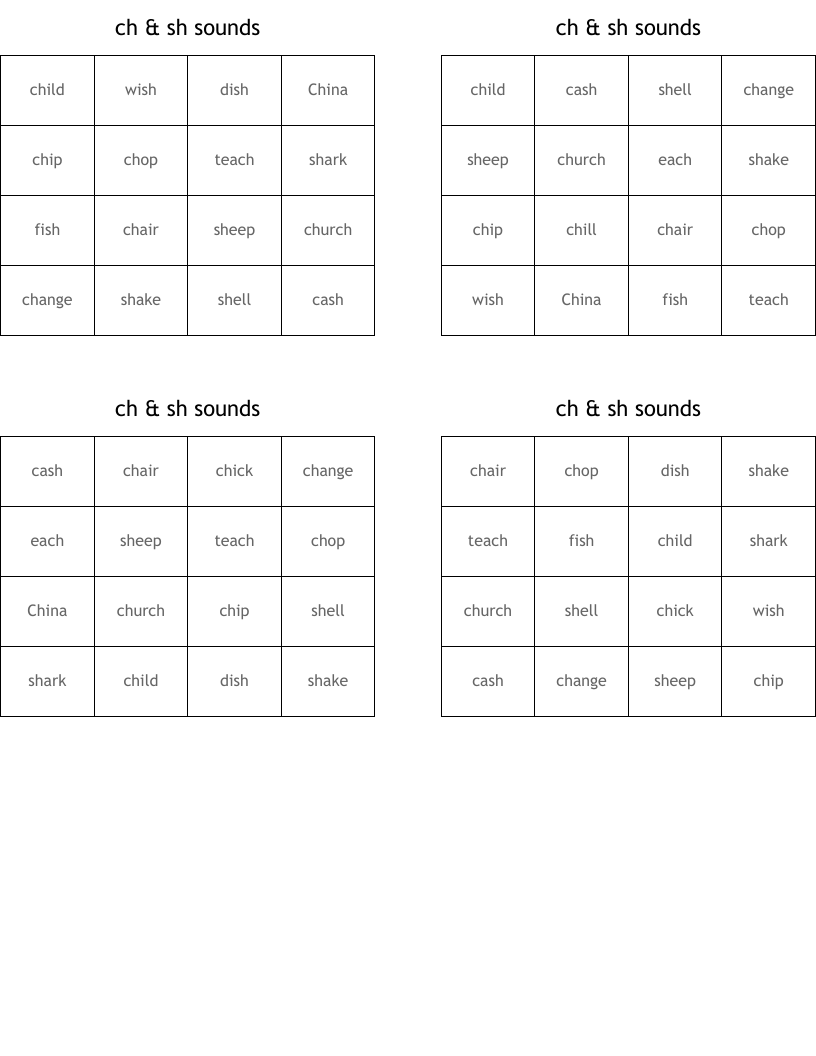 ch & sh sounds Bingo Cards