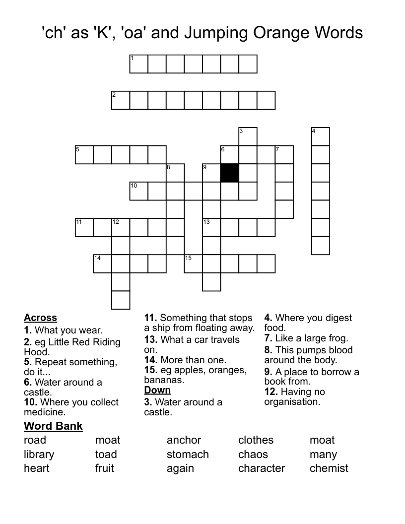 'ch' as 'K', 'oa' and Jumping Orange Words Crossword