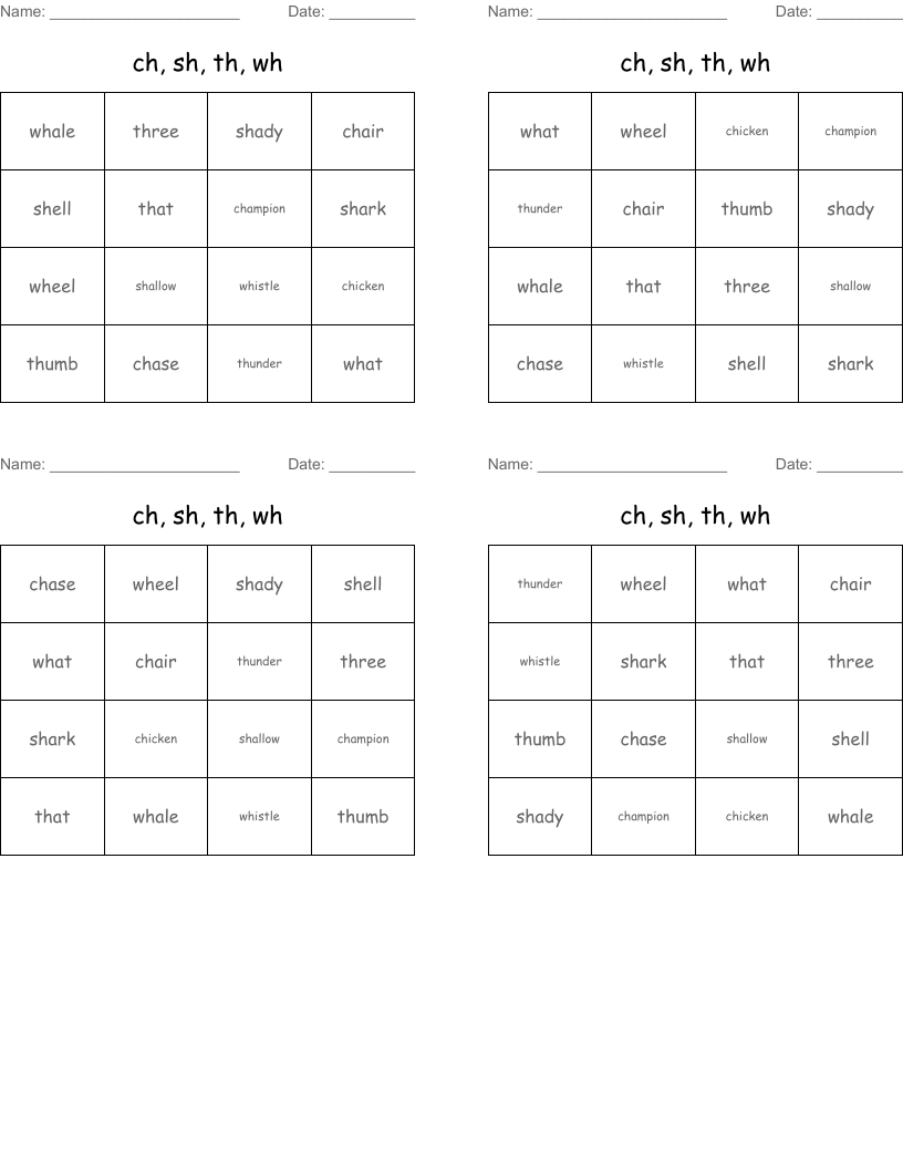 ch, sh, th, wh Bingo Cards