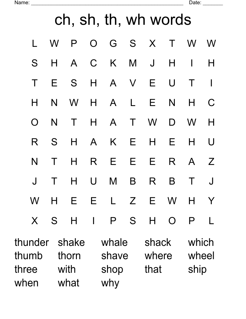 ch, sh, th, wh words Word Search