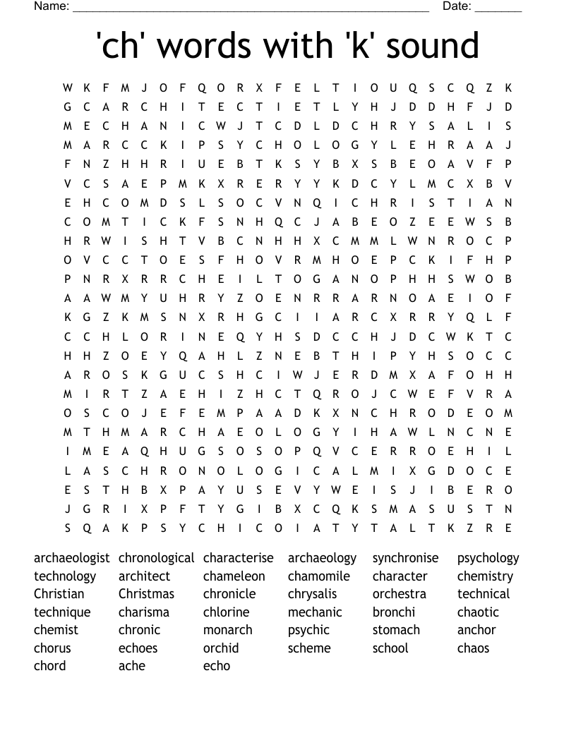 'ch' words with 'k' sound Word Search