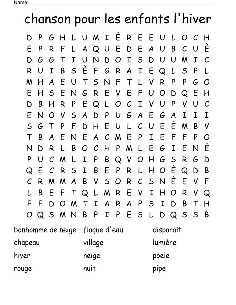 chanson pour les enfants l'hiver Word Search