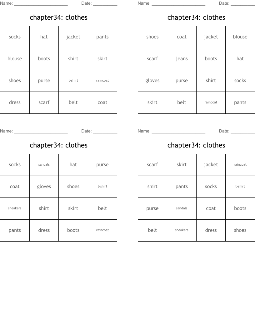 chapter34: clothes Bingo Cards