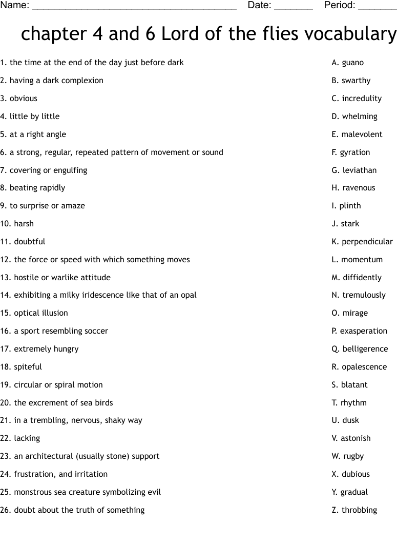 chapter 4 and 6 Lord of the flies vocabulary Worksheet