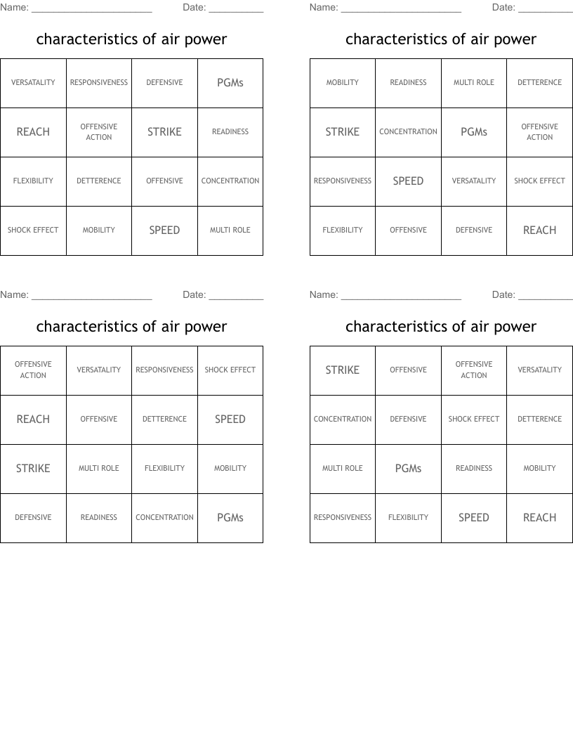 characteristics of air power Bingo Cards