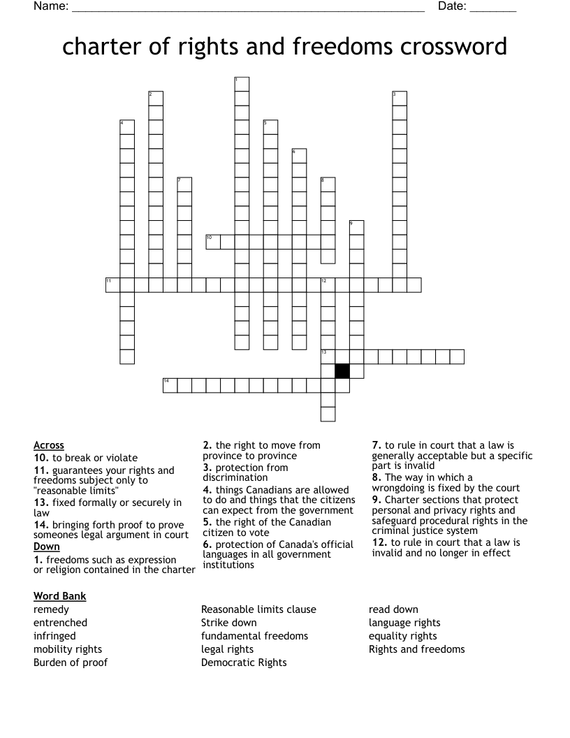 charter of rights and freedoms crossword 