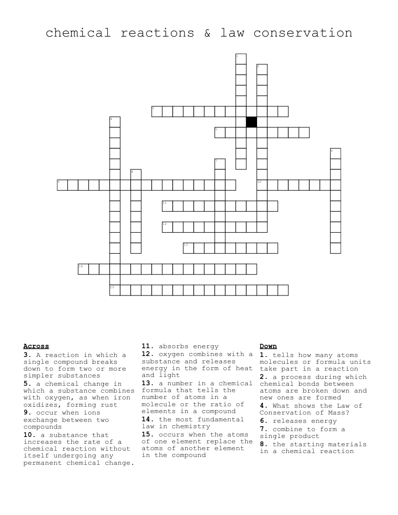 chemical reactions & law conservation  Crossword