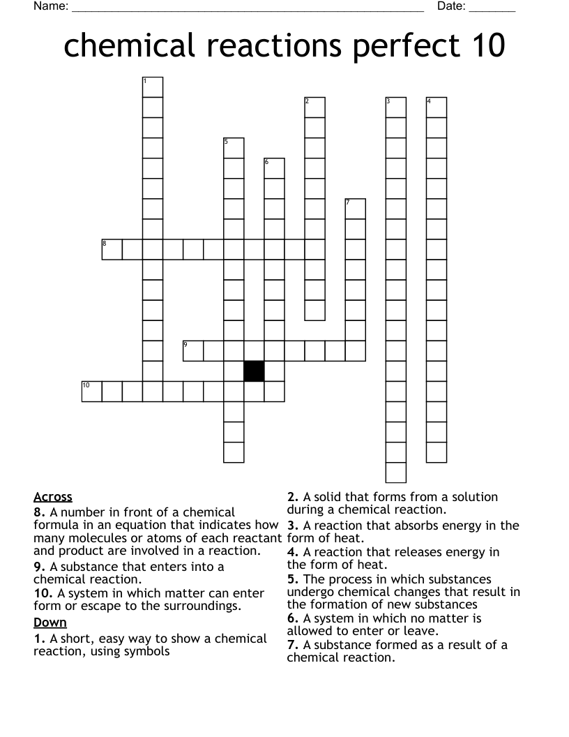 chemical reactions perfect 10  Crossword