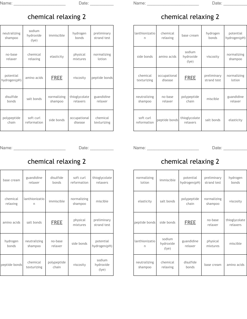 chemical relaxing 2 Bingo Cards