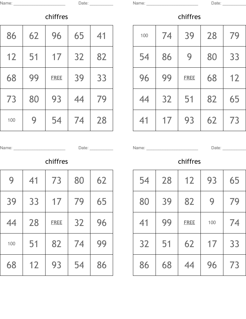 chiffres Bingo Cards