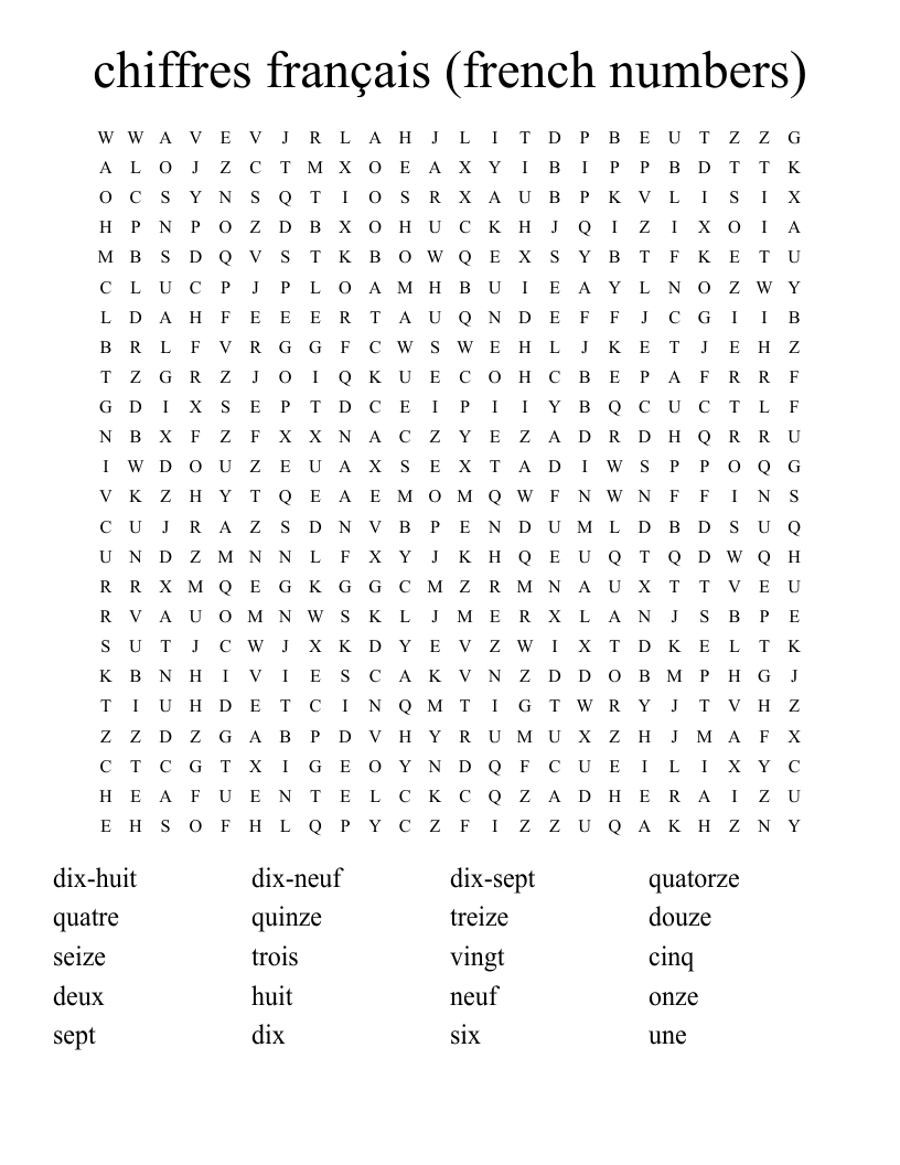 chiffres français (french numbers) Word Search