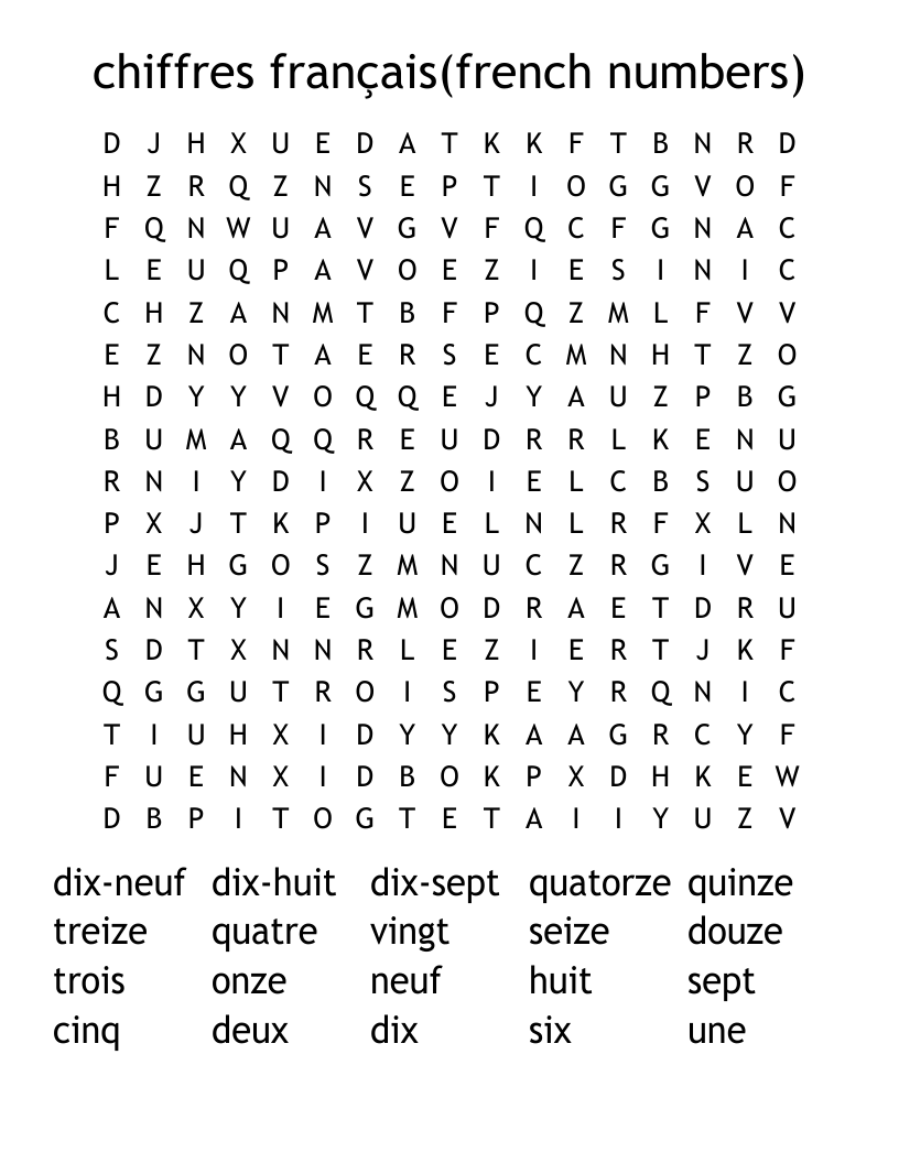 chiffres français(french numbers) Word Search