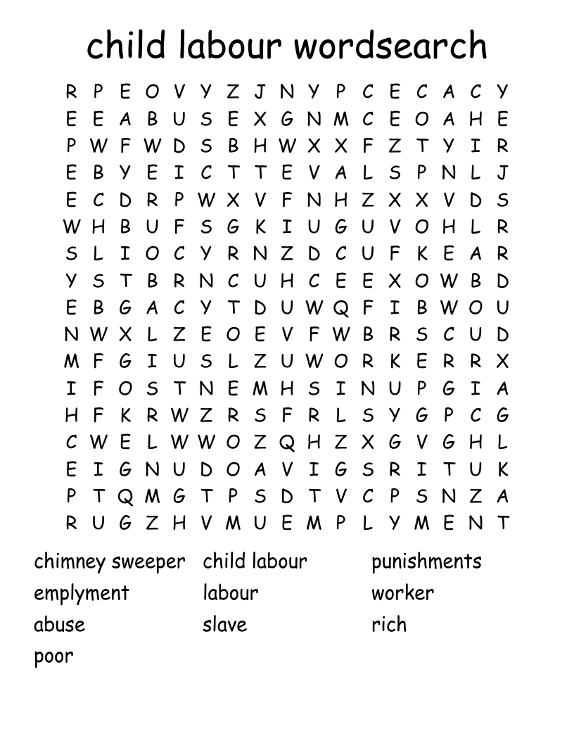 child labour wordsearch 