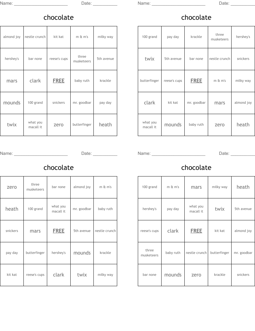 chocolate  Bingo Cards