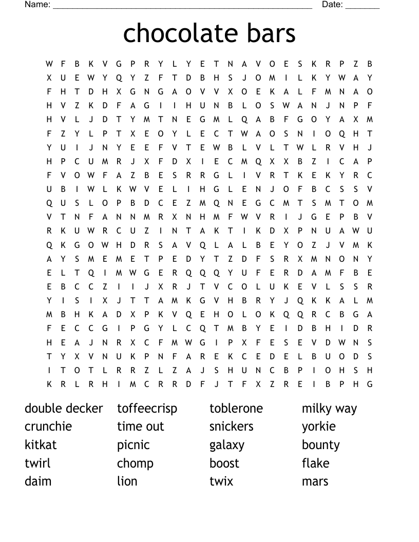 chocolate bars Word Search