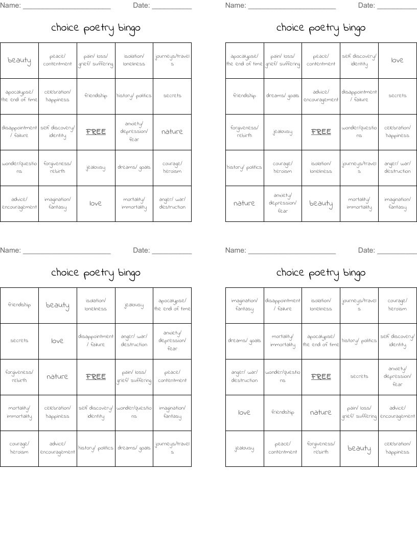 choice poetry bingo