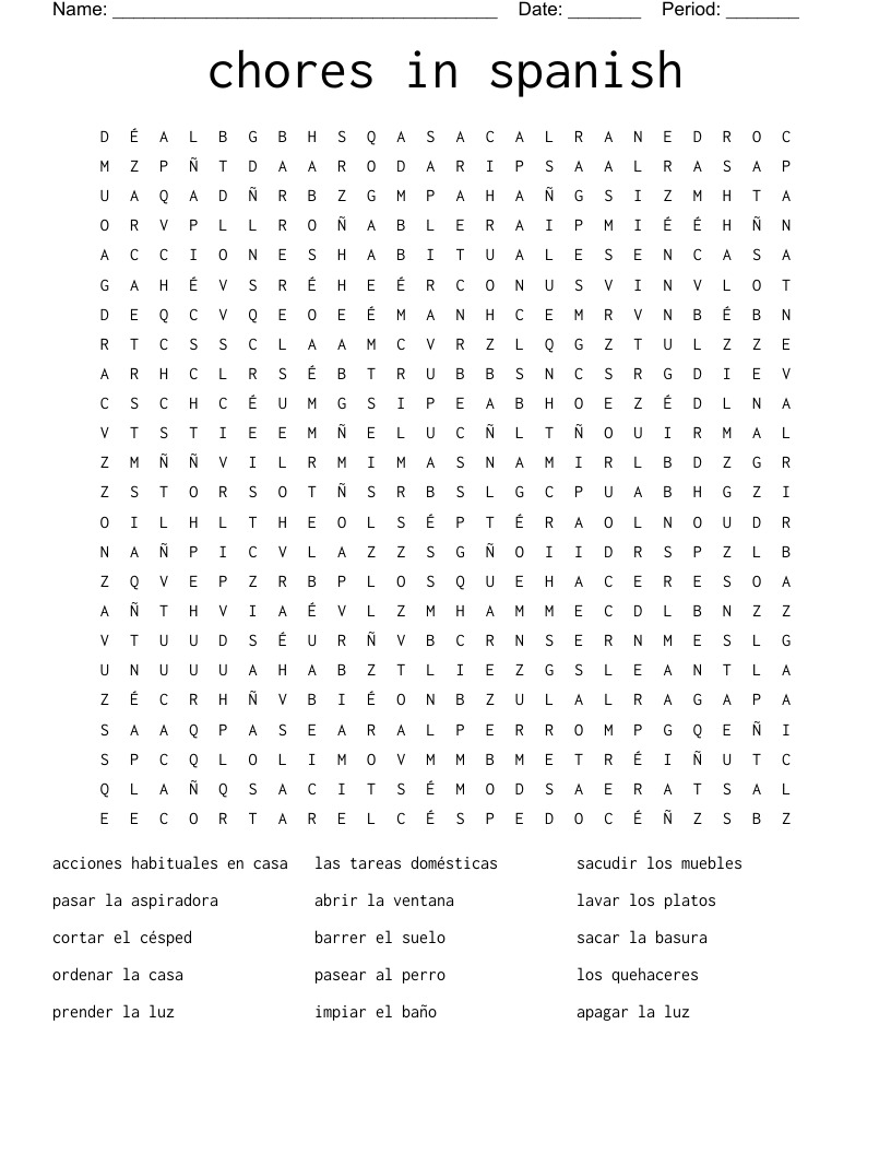 chores in spanish Word Search