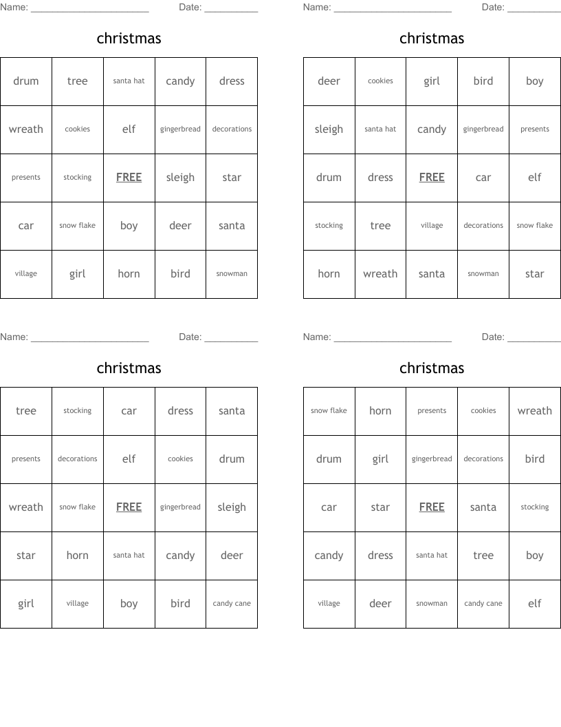 christmas Bingo Cards