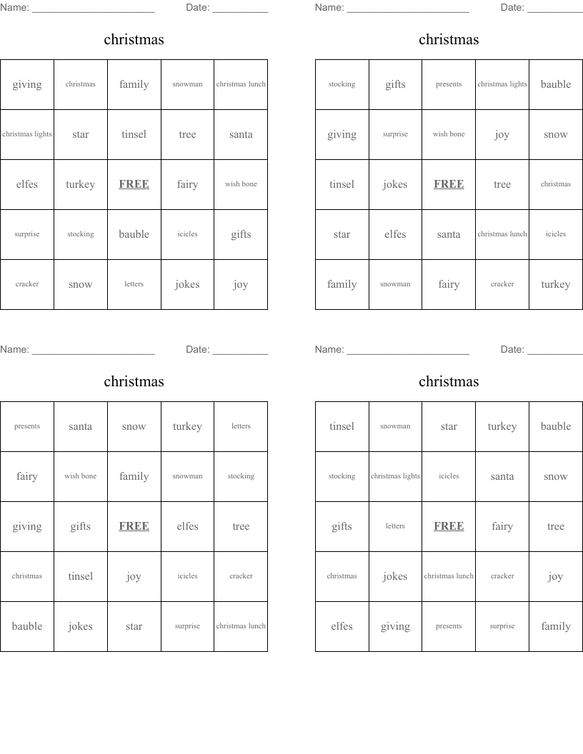 christmas Bingo Cards