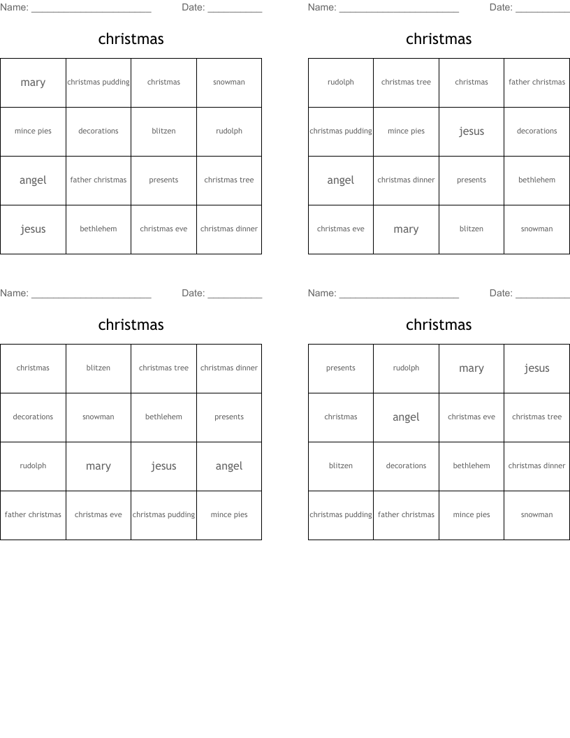 christmas Bingo Cards