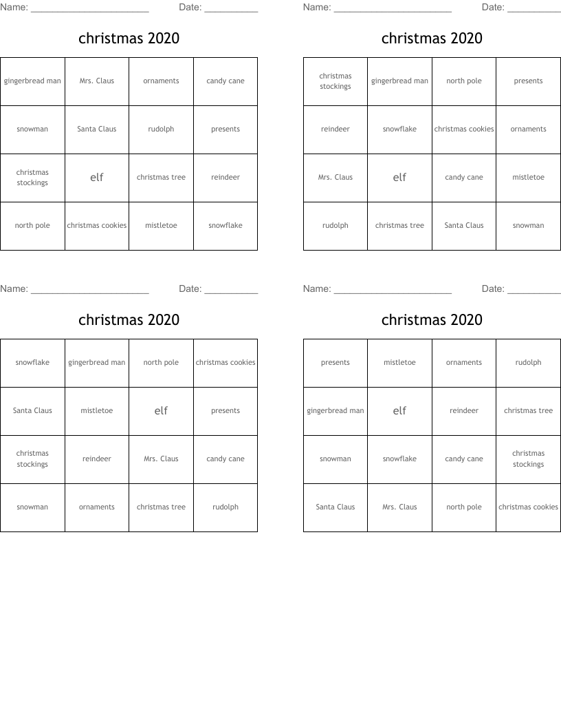 christmas 2020 Bingo Cards