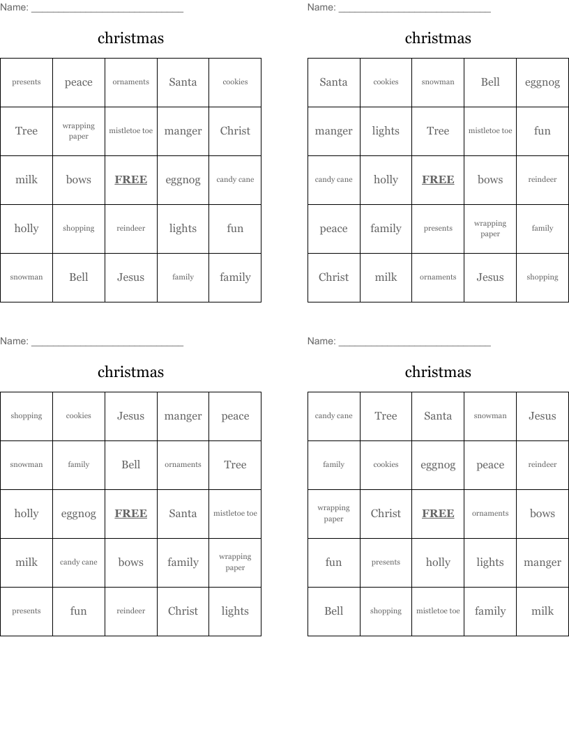 christmas Bingo Cards