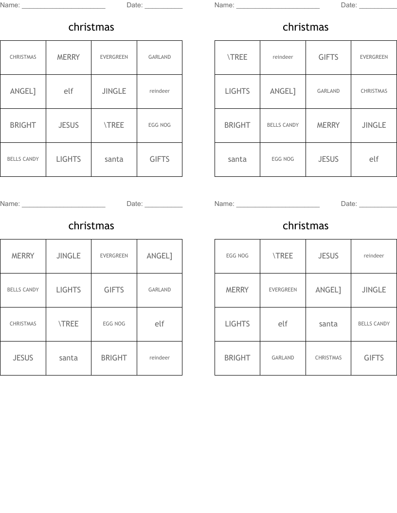 christmas  Bingo Cards