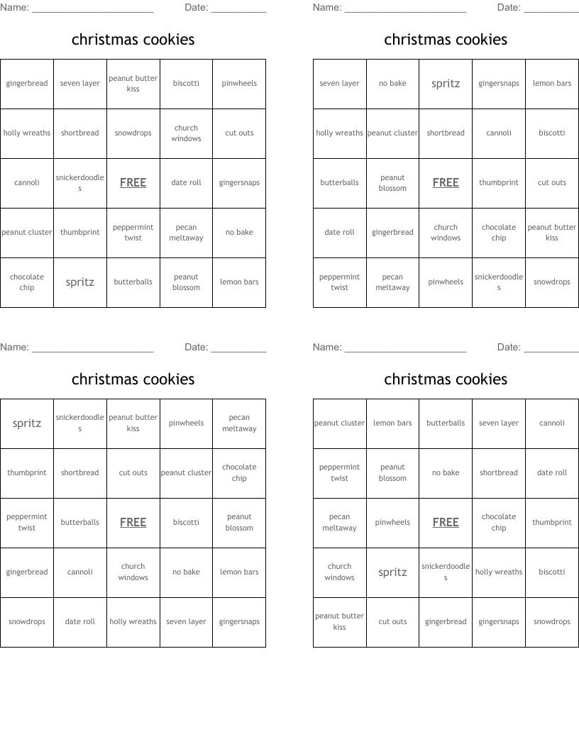 christmas cookies Bingo Cards