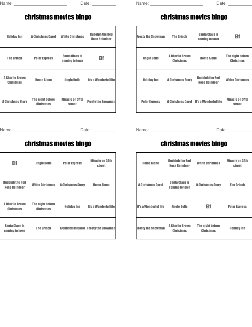 christmas movies bingo