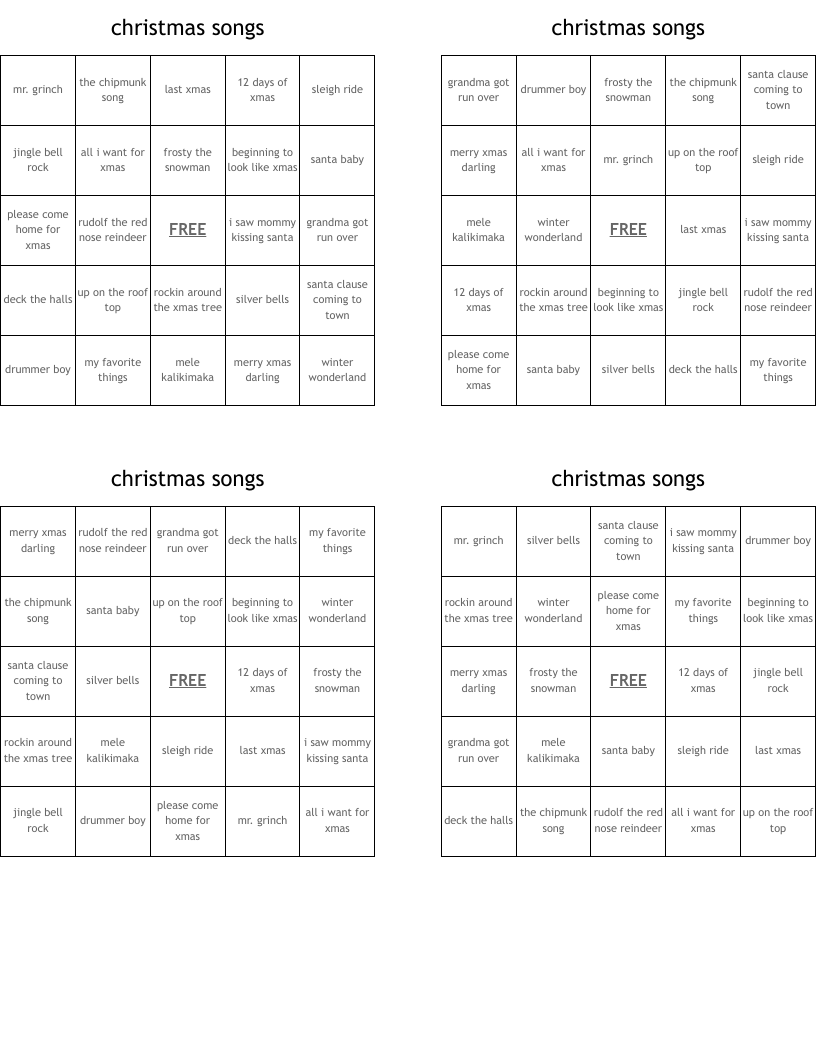 christmas songs Bingo Cards
