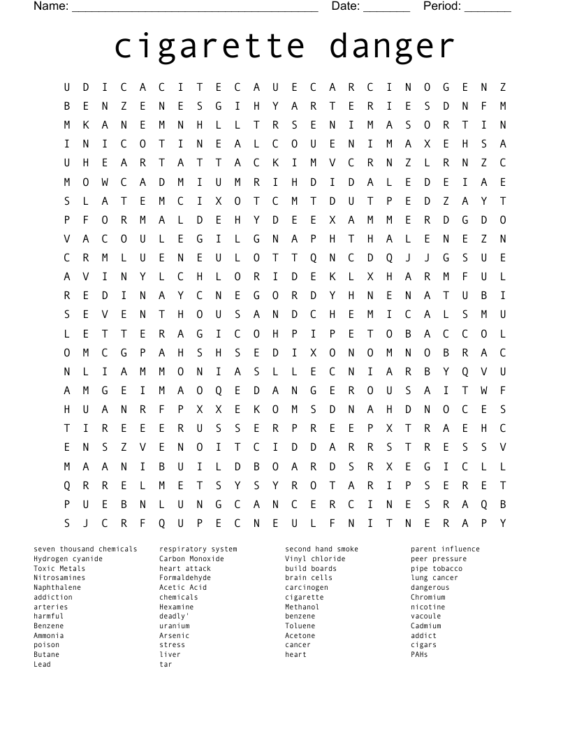 cigarette danger Word Search