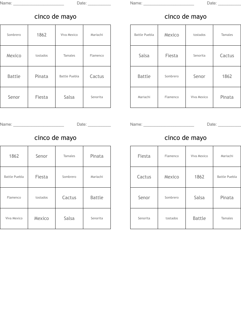 cinco de mayo Bingo Cards