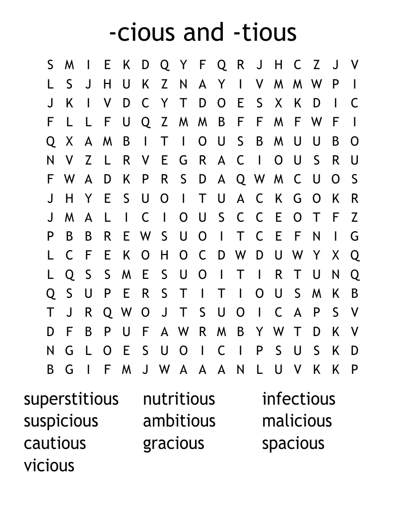 -cious and -tious Word Search