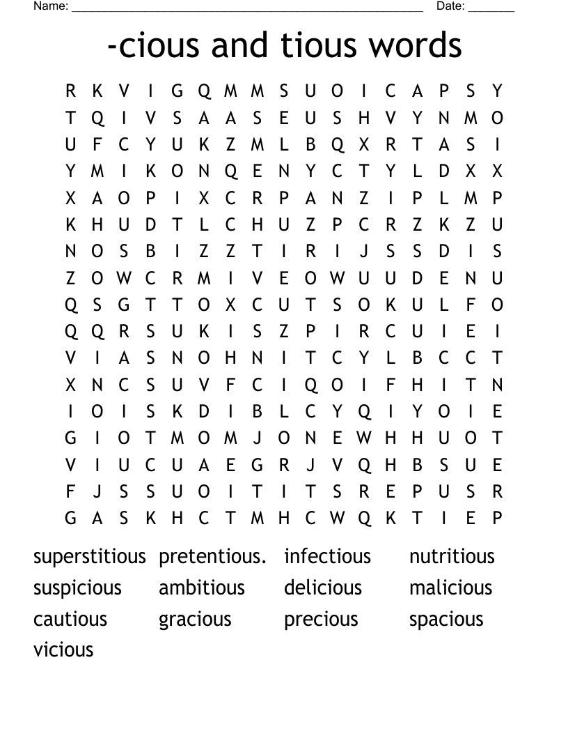 -cious and tious words Word Search