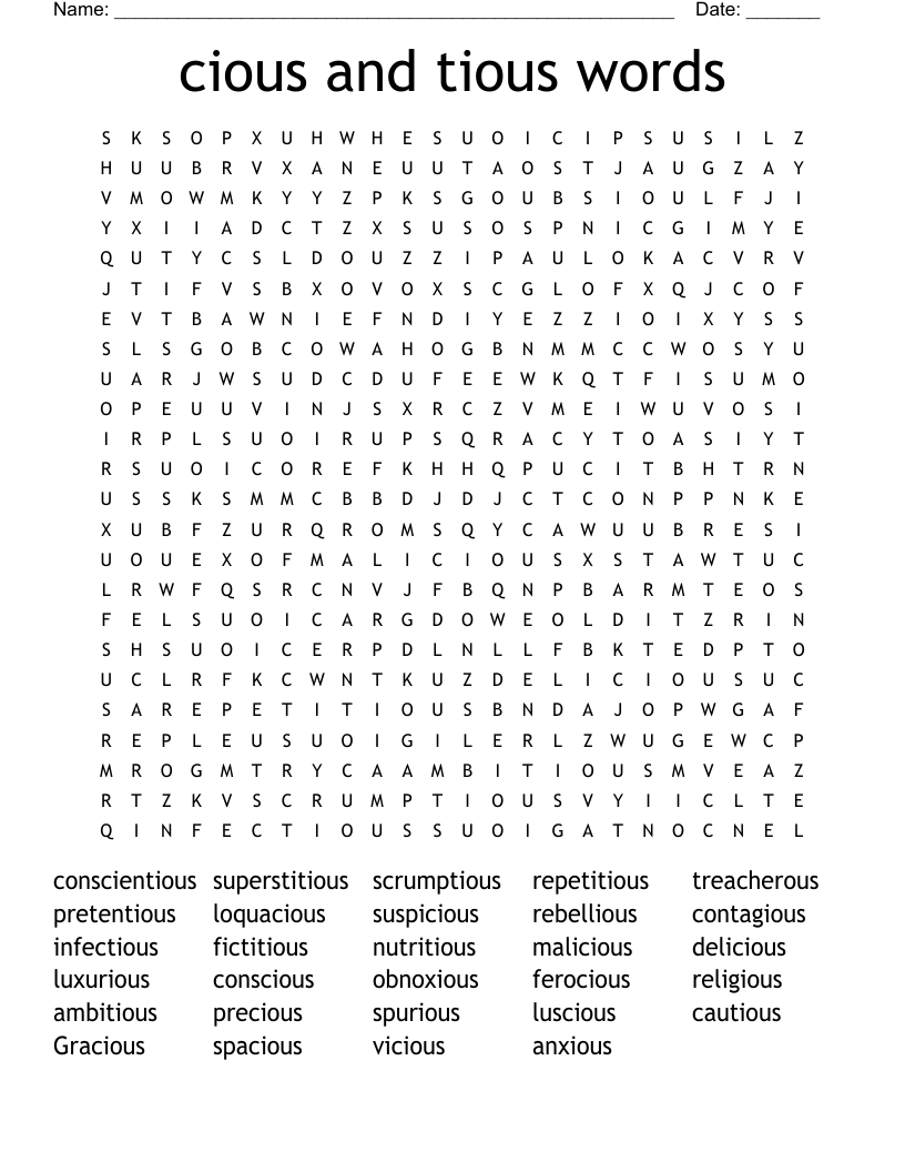 cious and tious words Word Search