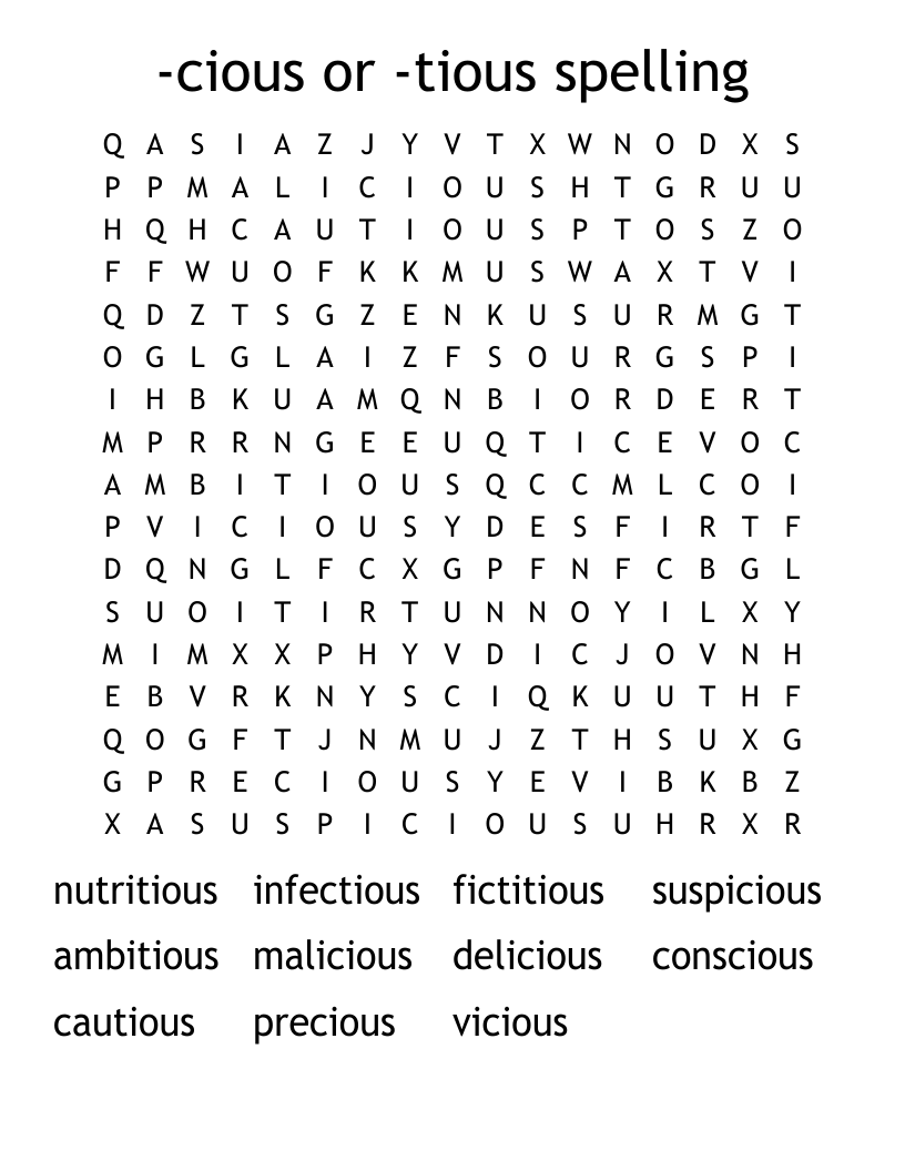 -cious or -tious spelling Word Search