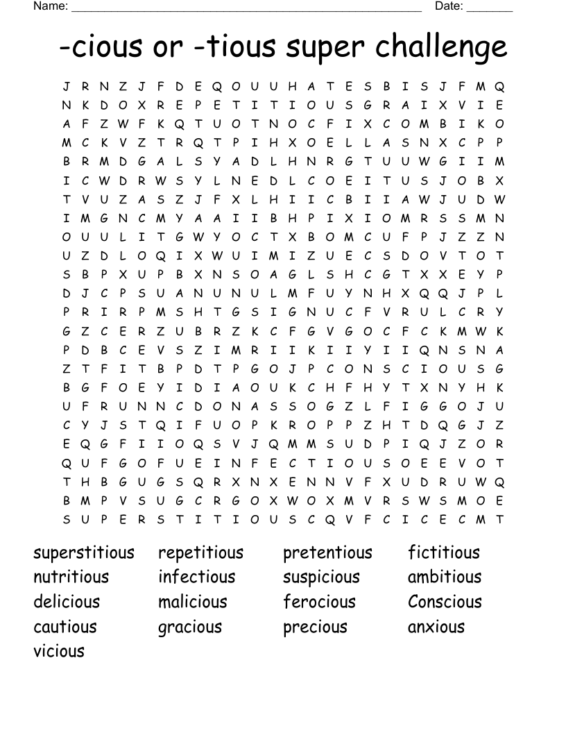-cious or -tious super challenge Word Search