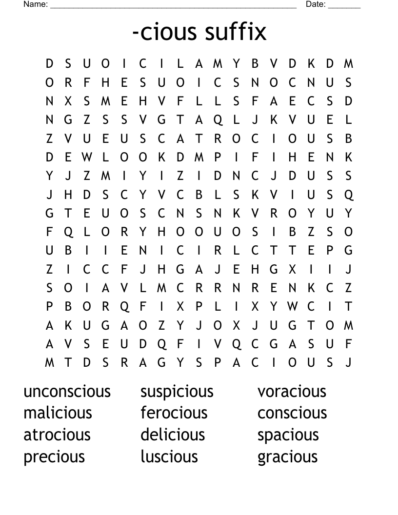 -cious suffix Word Search