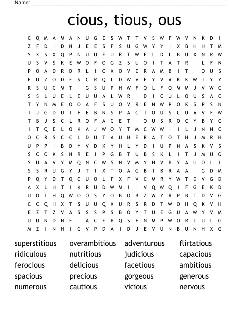 cious, tious, ous Word Search