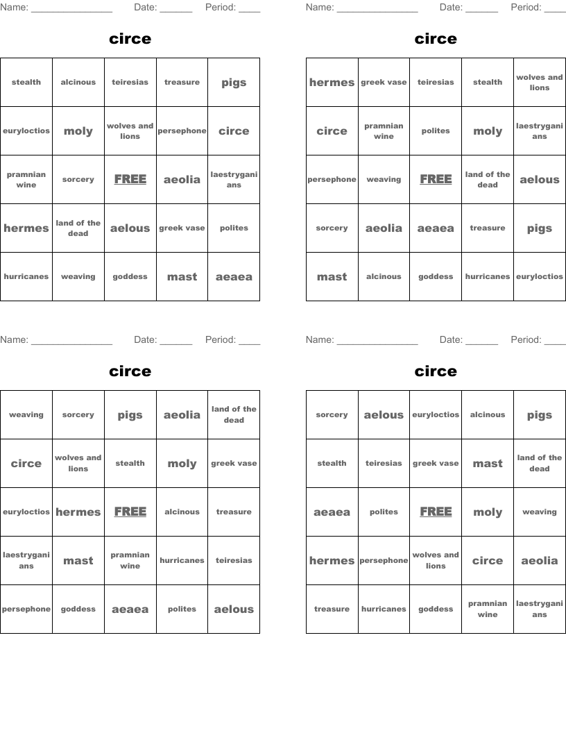 circe Bingo Cards