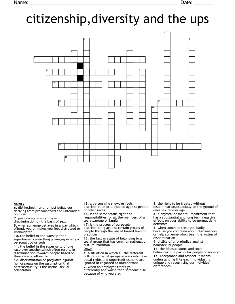 citizenship,diversity and the ups  Crossword