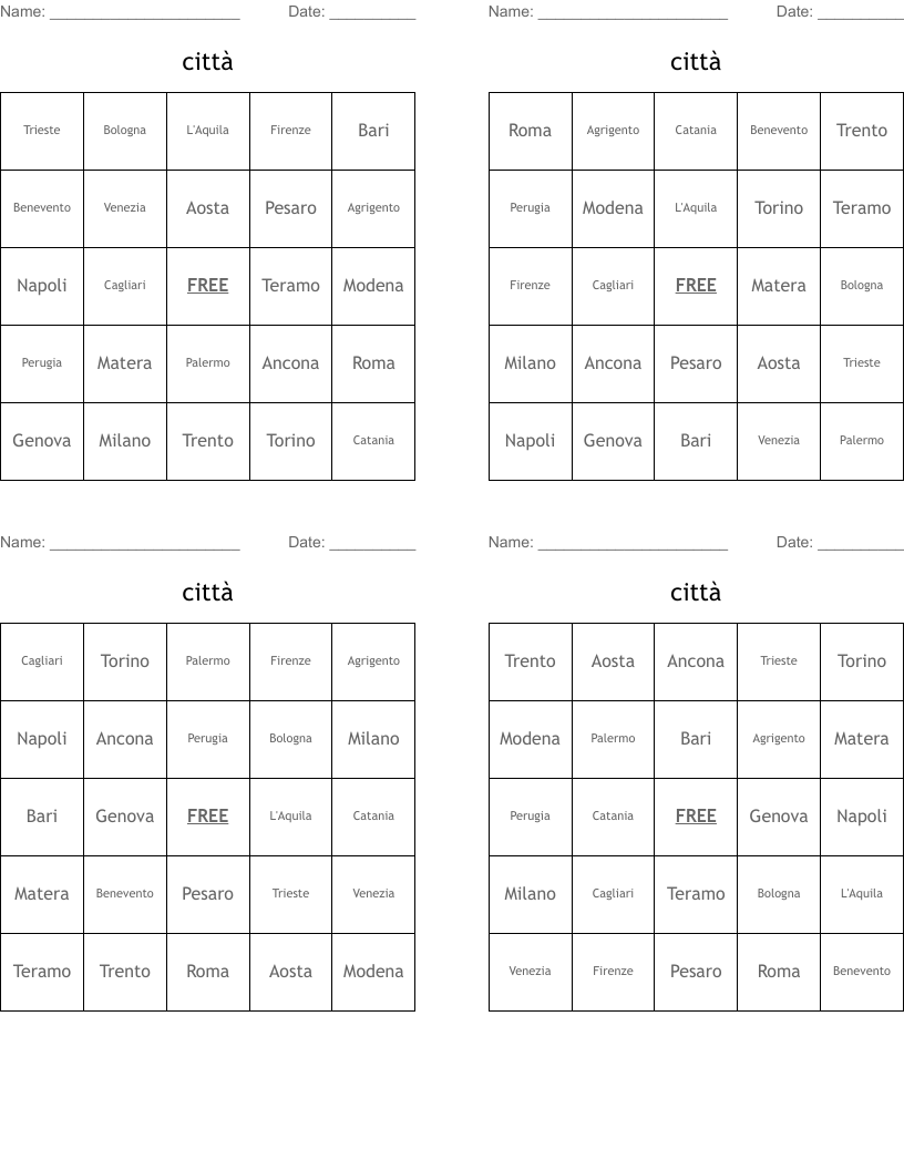 città Bingo Cards