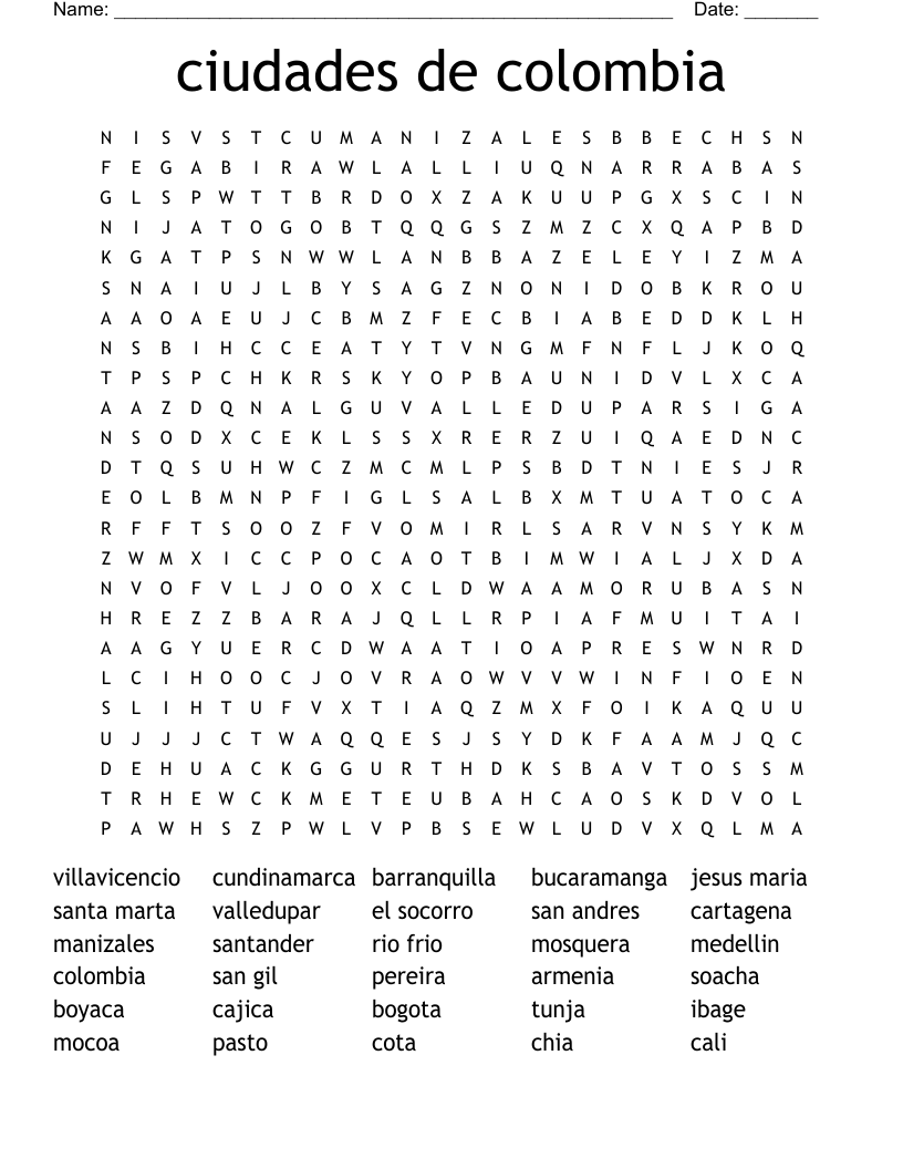 ciudades de colombia Word Search