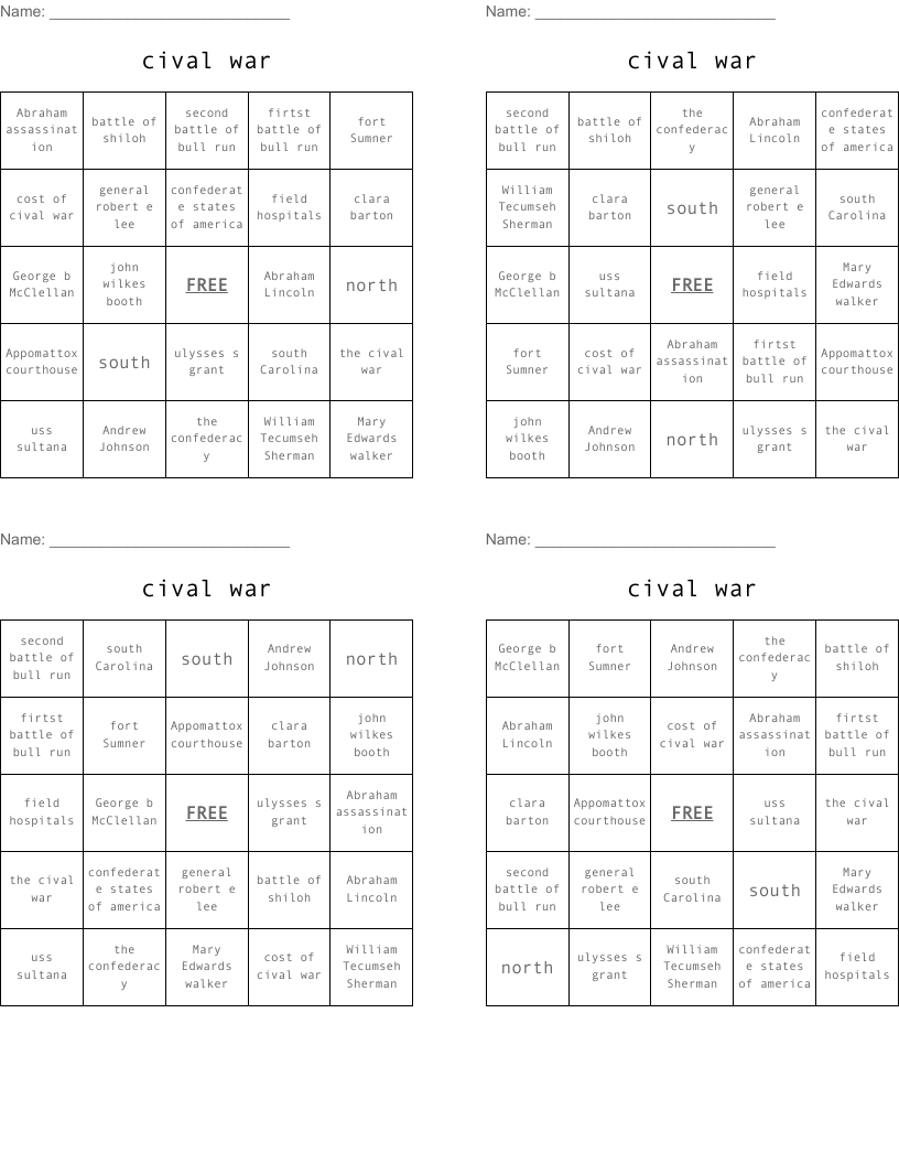 cival war Bingo Cards