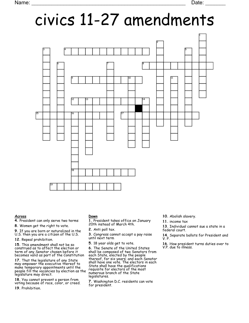 civics 11-27 amendments Crossword