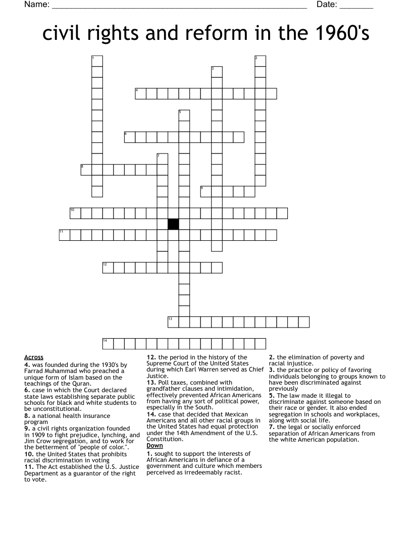 civil rights and reform in the 1960's Crossword