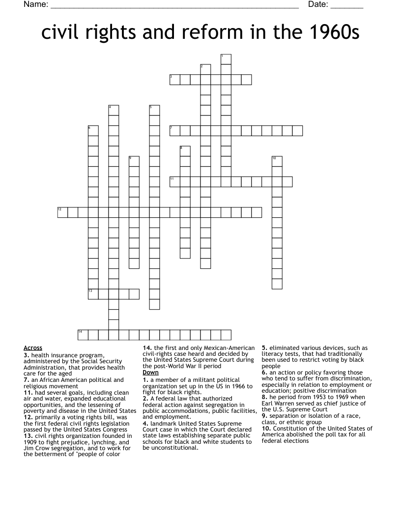 civil rights and reform in the 1960s Crossword